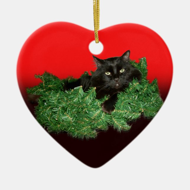 Fluffy Black Cat in Christmas Wreath Ceramic Ornament (Front)