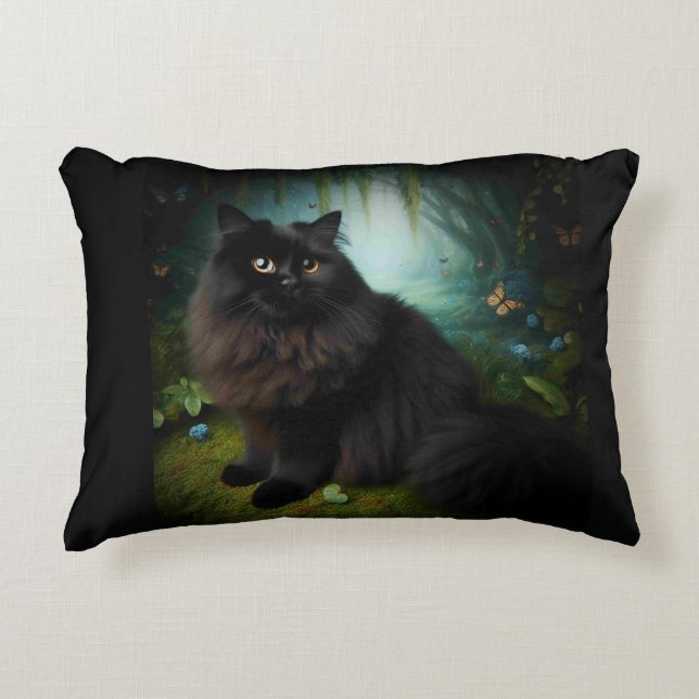 Fluffy Black Cat in Misty Woods Accent Pillow (Front)