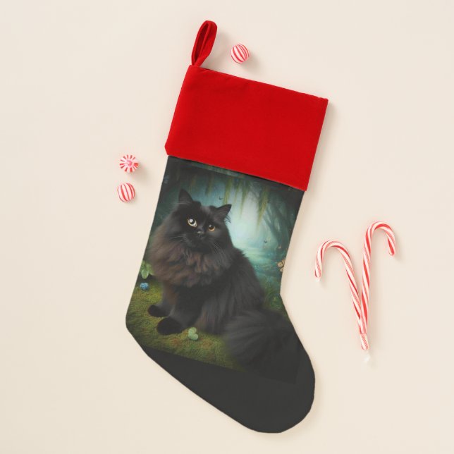 Fluffy Black Cat in Misty Woods Add Photo Christmas Stocking (Front)