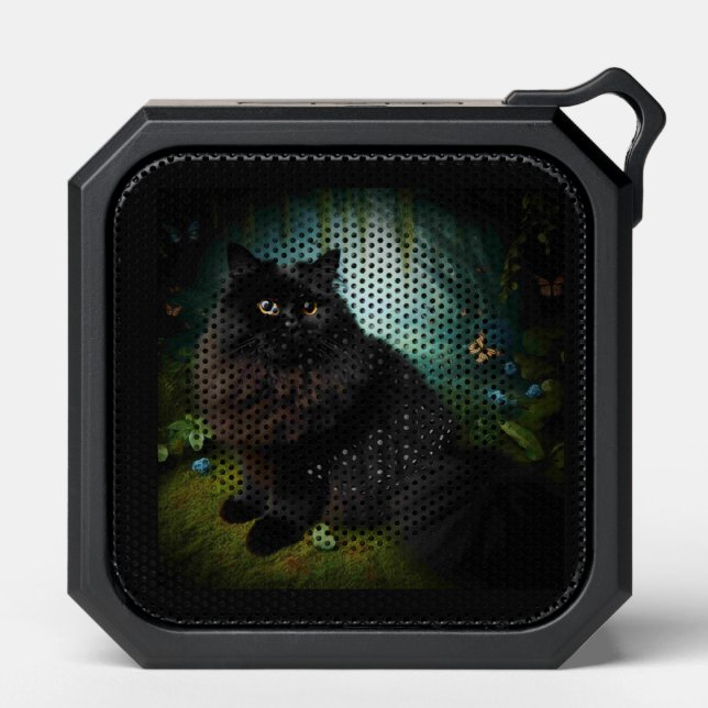Fluffy Black Cat in Misty Woods Bluetooth Speaker (Front)