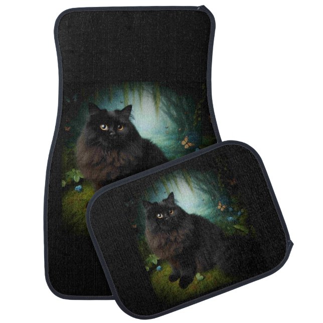Fluffy Black Cat in Misty Woods Car Floor Mat (Set)