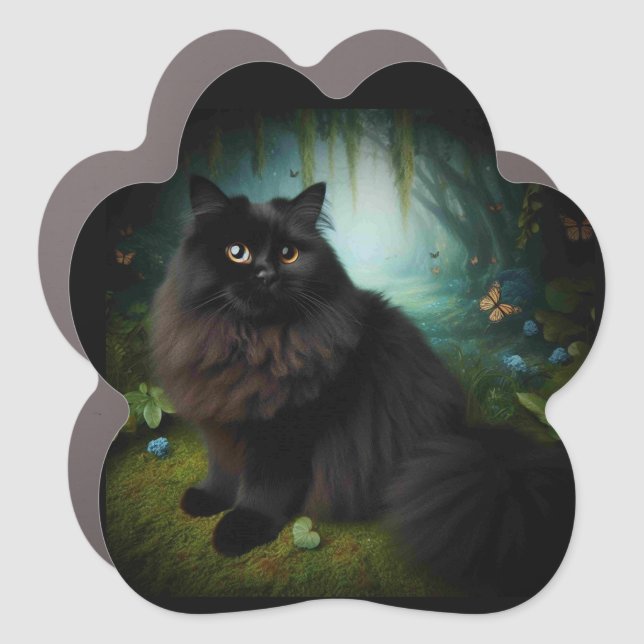 Fluffy Black Cat in Misty Woods Car Magnet (Front)