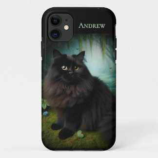 Fluffy Black Cat in Misty Woods iPhone 11 Case