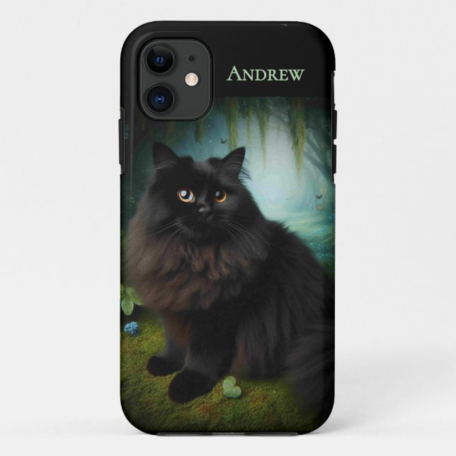 Fluffy Black Cat in Misty Woods Case-Mate iPhone Case (Back)