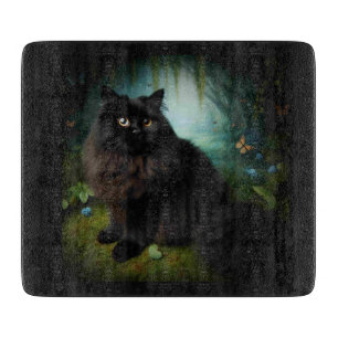 Fluffy Black Cat in Misty Woods Cutting Board