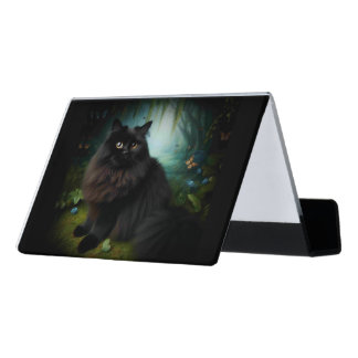 Fluffy Black Cat in Misty Woods Desk Business Card Holder