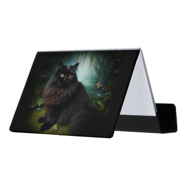 Fluffy Black Cat in Misty Woods Desk Business Card Holder (Angled Back)