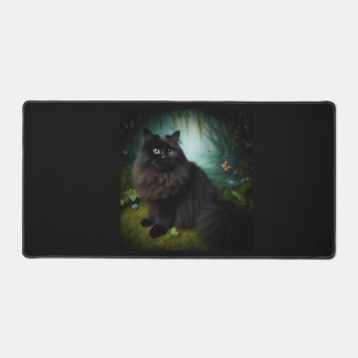 Fluffy Black Cat in Misty Woods Desk Mat