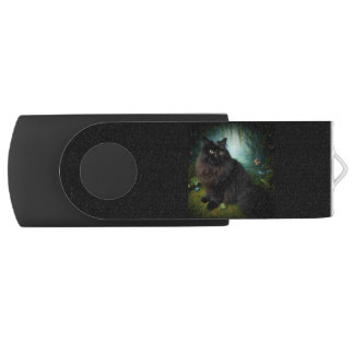 Fluffy Black Cat in Misty Woods Flash Drive