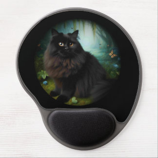 Fluffy Black Cat in Misty Woods Gel Mouse Pad