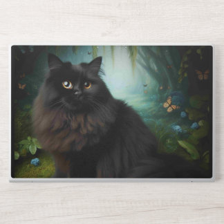 Fluffy Black Cat in Misty Woods HP Laptop Skin