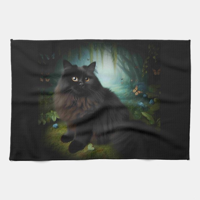 Fluffy Black Cat in Misty Woods Kitchen Towel (Horizontal)