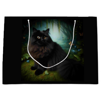 Fluffy Black Cat in Misty Woods Large Gift Bag