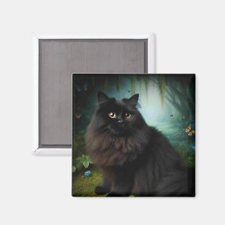 Fluffy Black Cat in Misty Woods Magnet