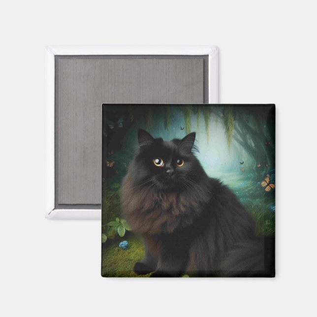 Fluffy Black Cat in Misty Woods Magnet (Front/Back)