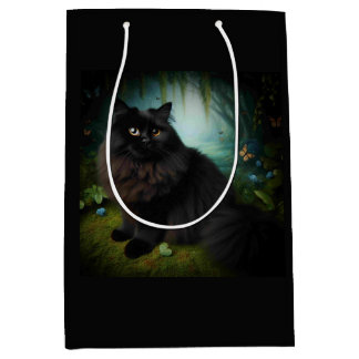Fluffy Black Cat in Misty Woods Medium Gift Bag
