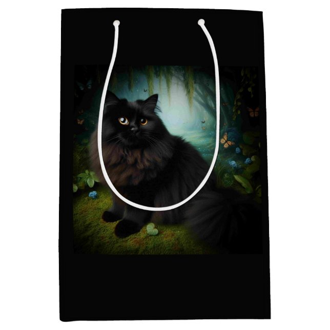 Fluffy Black Cat in Misty Woods Medium Gift Bag (Front)