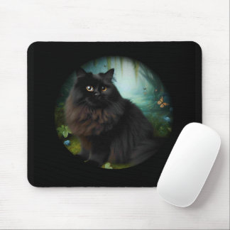 Fluffy Black Cat in Misty Woods Mouse Pad