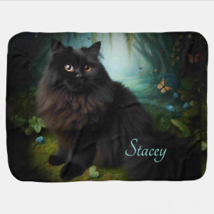 Fluffy Black Cat in Misty Woods Name Front Baby Blanket