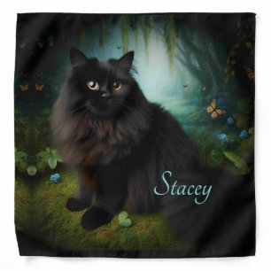 Fluffy Black Cat in Misty Woods Name Front Bandana