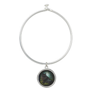 Fluffy Black Cat in Misty Woods Name Front Bangle Bracelet