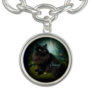 Fluffy Black Cat in Misty Woods Name Front Bracelet