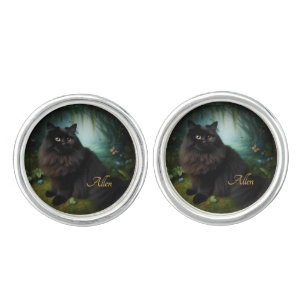 Fluffy Black Cat in Misty Woods Name Front Cufflinks