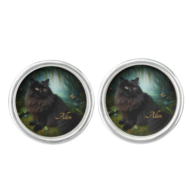 Fluffy Black Cat in Misty Woods Name Front Cufflinks (Front)