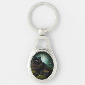 Fluffy Black Cat in Misty Woods Name Front Keychain