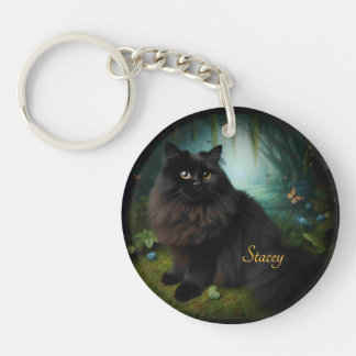Fluffy Black Cat in Misty Woods Name Front Keychain