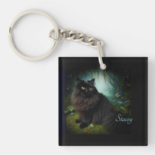Fluffy Black Cat in Misty Woods Name Front Keychain (Front)