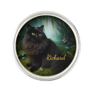 Fluffy Black Cat in Misty Woods Name Front Lapel Pin