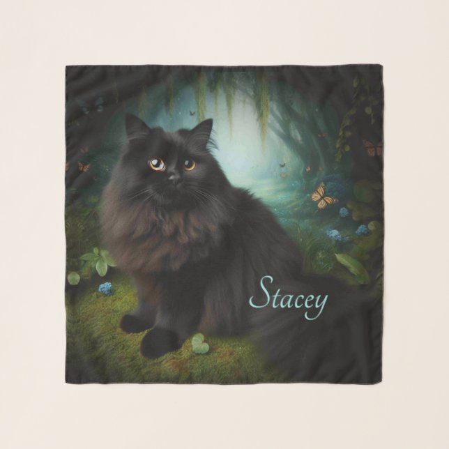 Fluffy Black Cat in Misty Woods Name Front Scarf (Front)