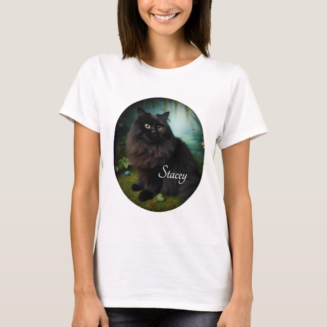 Fluffy Black Cat in Misty Woods Name Front T-Shirt (Front)
