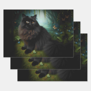 Fluffy Black Cat in Misty Woods Name Front Wrapping Paper Sheets