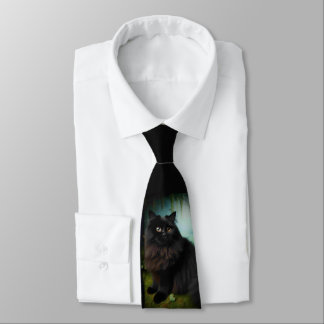 Fluffy Black Cat in Misty Woods   Neck Tie