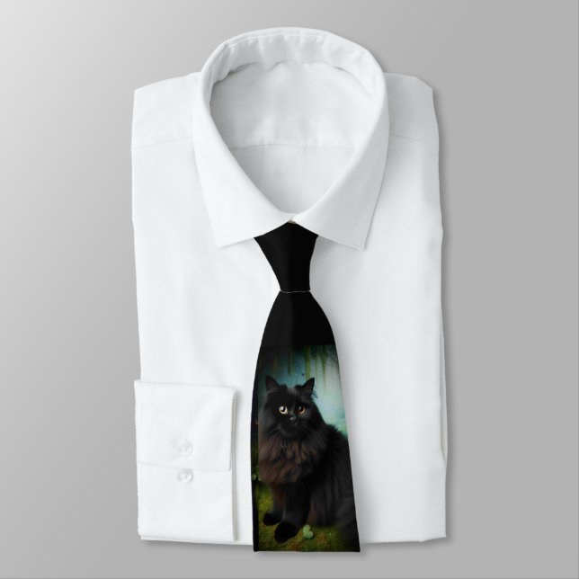 Fluffy Black Cat in Misty Woods   Neck Tie (Tied)