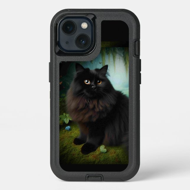 Fluffy Black Cat in Misty Woods Otterbox iPhone Case (Back)