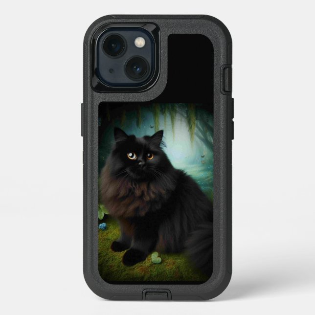 Fluffy Black Cat in Misty Woods Otterbox iPhone Case (Back)