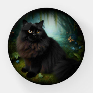 Fluffy Black Cat in Misty Woods Paperweight
