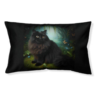 Fluffy Black Cat in Misty Woods Pet Bed