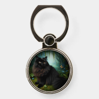 Fluffy Black Cat in Misty Woods Phone Ring Stand