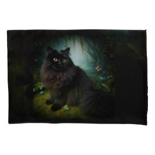 Fluffy Black Cat in Misty Woods Pillow Case