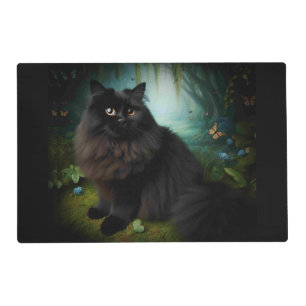 Fluffy Black Cat in Misty Woods Placemat