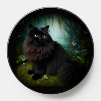 Fluffy Black Cat in Misty Woods PopSocket