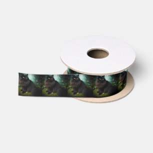 Fluffy Black Cat in Misty Woods Satin Ribbon