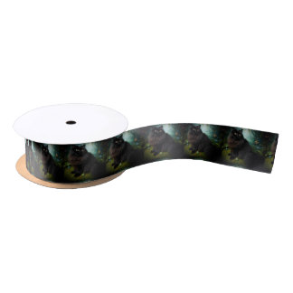 Fluffy Black Cat in Misty Woods Satin Ribbon