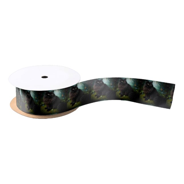 Fluffy Black Cat in Misty Woods Satin Ribbon (Spool)
