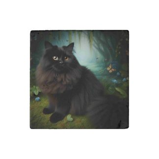 Fluffy Black Cat in Misty Woods Stone Magnet