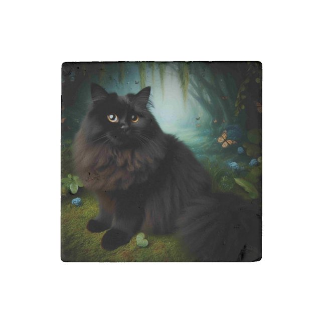 Fluffy Black Cat in Misty Woods Stone Magnet (Front)